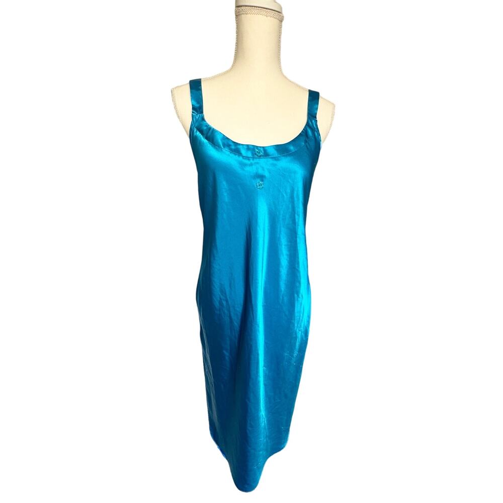 Vintage Inner Most Satin Blue Side Slit Cross Back Midi Slip Dress Small